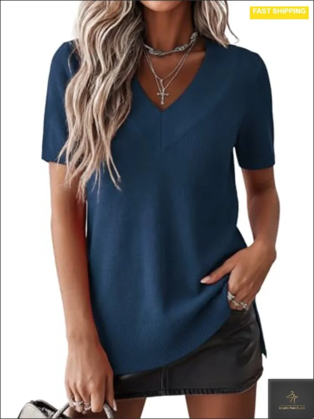 Women's V Neck Side Slit Knit Pullover Sweater Long Sleeve Lightweight